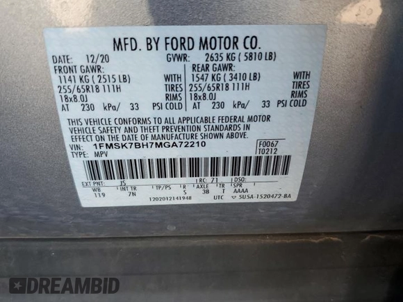 2021 Ford Explorer with VIN 1FMSK7BH7MGA72210, listed as a Copart auction lot 59494505 with 54,769 mi miles and Salvage title. Bid and sale history available at DreamBid. Image 13.