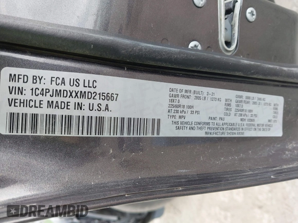 2021 Jeep Cherokee Limited with VIN 1C4PJMDXXMD215667, listed as a IAAI auction lot 42114920 with 38,481 mi miles and . Bid and sale history available at DreamBid. Image 9.