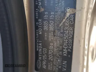 2003 Hyundai Elantra GLS z VIN KMHDN45D43U663926, wystawiony jako Copart lot #50036625 z przebiegiem 152 174 mil mil oraz Szkoda całkowita • Salvage title. Historia ofert i sprzedaży dostępna na DreamBid. Obrazek 12.