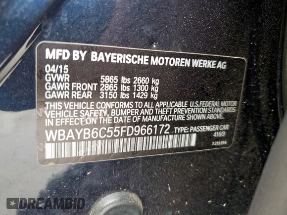 2015 BMW 7 Series 750i xDrive с VIN WBAYB6C55FD966172, выставлен на аукционе Copart как лот 55086405 с пробегом Не указан миль и Списание • Salvage title. История ставок и продаж доступна на DreamBid. Изображение 12.