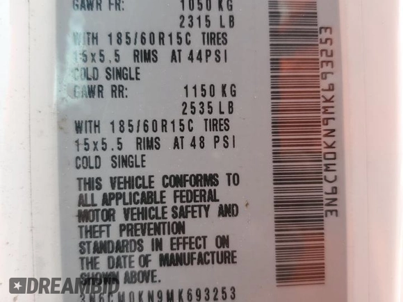 2021 Nissan NV200 SV with VIN 3N6CM0KN9MK693253, listed as a Copart auction lot 63503555 with 69,344 mi miles and Non repairable. Bid and sale history available at DreamBid. Image 13.