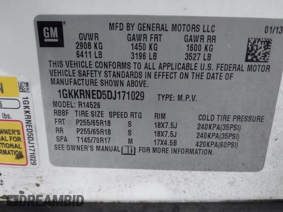 2013 GMC Acadia SLE with VIN 1GKKRNED5DJ171029, listed as a IAAI auction lot 41286257 with 180,195 mi miles. Bid and sale history available at carsss.com. Image 9.