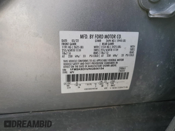 2022 Ford Explorer XLT with VIN 1FMSK8DH2NGB06154, listed as a Copart auction lot 45265545 with 93,803 mi miles and Salvage Title. Bid and sale history available at DreamBid. Image 15.