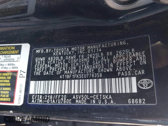 2014 Toyota Camry L with VIN 4T1BF1FK5EU778358, listed as a IAAI auction lot 41800091 with 136,918 mi miles. Bid and sale history available at carsss.com. Image 9.