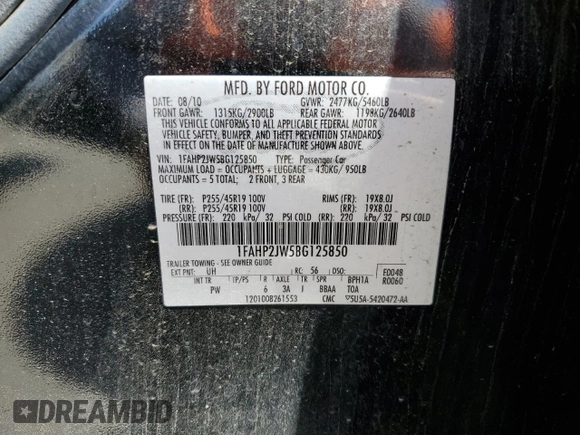 2011 Ford Taurus Limited с VIN 1FAHP2JW5BG125850, выставлен на аукционе Copart как лот 57816265 с пробегом 107 815 миль миль и Чистый • Clean title. История ставок и продаж доступна на DreamBid. Изображение 12.