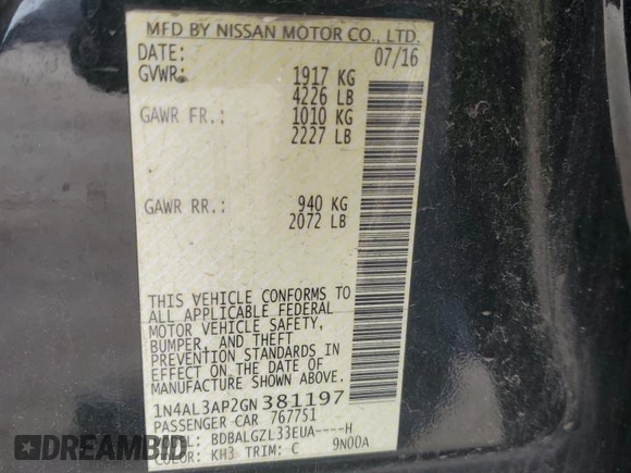 2016 Nissan Altima S z VIN 1N4AL3AP2GN381197, wystawiony jako Copart lot #56367545 z przebiegiem Nie podano mil oraz Szkoda całkowita • Salvage title. Historia ofert i sprzedaży dostępna na DreamBid. Obrazek 12.