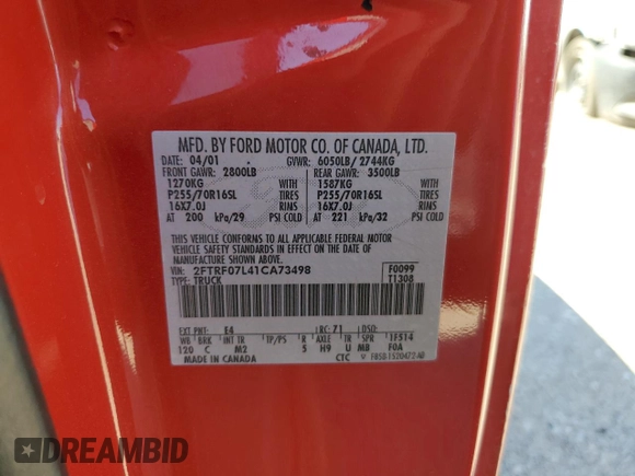 2001 Ford F-150 XL with VIN 2FTRF07L41CA73498, listed as a Copart auction lot 68935194 with Not provided miles and Salvage title. Bid and sale history available at DreamBid. Image 14.