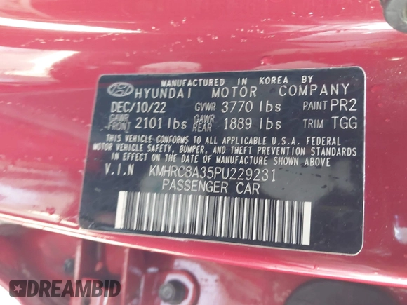 2023 Hyundai Venue SEL with VIN KMHRC8A35PU229231, listed as a IAAI auction lot 42230436 with 43,270 mi miles and . Bid and sale history available at DreamBid. Image 9.