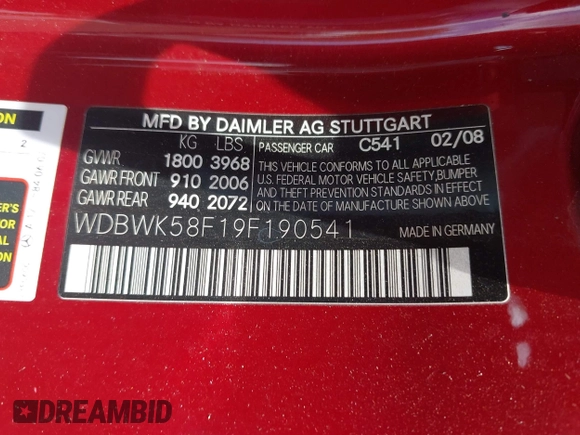 2009 Mercedes-Benz SLK 350 with VIN WDBWK58F19F190541, listed as a IAAI auction lot 42464400 with 109,484 mi miles and . Bid and sale history available at DreamBid. Image 9.