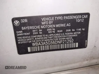2013 BMW 3 Series 328i with VIN WBA3A5G56DNP21292, listed as a IAAI auction lot 41744463 with 1 mi miles. Bid and sale history available at carsss.com. Image 9.