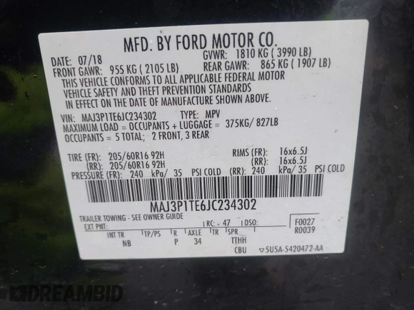 2018 Ford EcoSport SE z VIN MAJ3P1TE6JC234302, wystawiony jako IAAI lot #41735414 z przebiegiem 95 267 mil mil oraz . Historia ofert i sprzedaży dostępna na DreamBid. Obrazek 9.