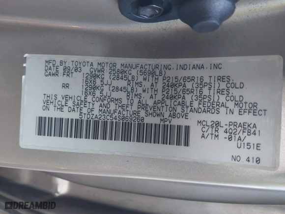 2004 Toyota Sienna CE with VIN 5TDZA23C54S069260, listed as a IAAI auction lot 41744298 with 174,769 mi miles. Bid and sale history available at carsss.com. Image 9.