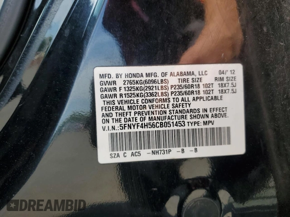 2012 Honda Pilot EX-L z VIN 5FNYF4H56CB051453, wystawiony jako Copart lot #56736035 z przebiegiem 210 201 mil mil oraz Szkoda całkowita • Salvage title. Historia ofert i sprzedaży dostępna na DreamBid. Obrazek 13.