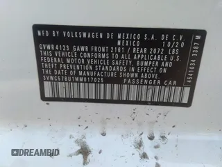2021 Volkswagen Jetta S z VIN 3VWC57BU1MM017025, wystawiony jako IAAI lot #31656882 z przebiegiem 20 664 mil mil oraz . Historia ofert i sprzedaży dostępna na DreamBid. Obrazek 9.
