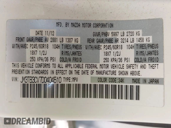 2013 Mazda CX-9 Touring with VIN JM3TB3CV7D0404510, listed as a IAAI auction lot 42385230 with 182,233 mi miles and . Bid and sale history available at DreamBid. Image 9.