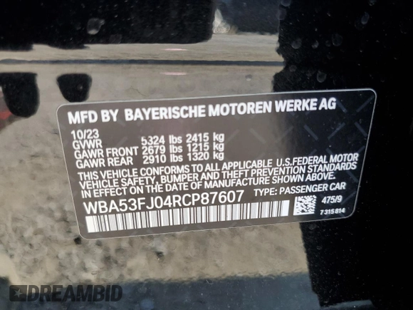 2024 BMW 5 Series 530i xDrive with VIN WBA53FJ04RCP87607, listed as a Copart auction lot 58768065 with 11,596 mi miles and Salvage title. Bid and sale history available at DreamBid. Image 12.