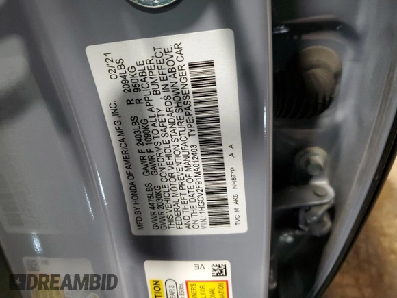 2021 Honda Accord Touring with VIN 1HGCV2F91MA012403, listed as a Copart auction lot 48781655 with Not provided miles and Salvage title. Bid and sale history available at DreamBid. Image 12.