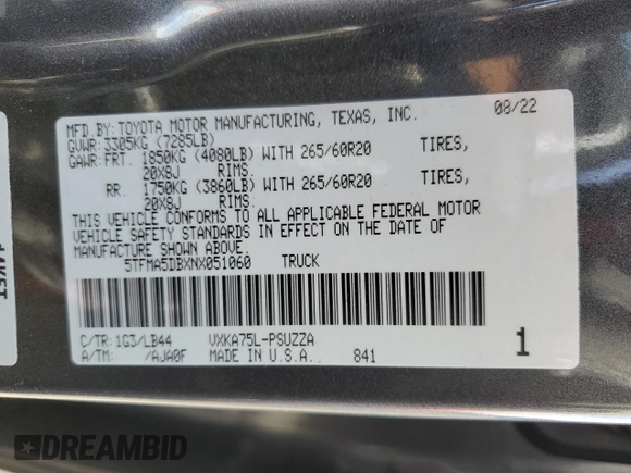 2022 Toyota Tundra 1794 Edition with VIN 5TFMA5DBXNX051060, listed as a Copart auction lot 50663135 with 27,635 mi miles and Salvage title. Bid and sale history available at DreamBid. Image 12.