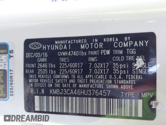 2017 Hyundai Tucson SE with VIN KM8J3CA46HU376457, listed as a IAAI auction lot 41680650 with 122,349 mi miles. Bid and sale history available at carsss.com. Image 9.