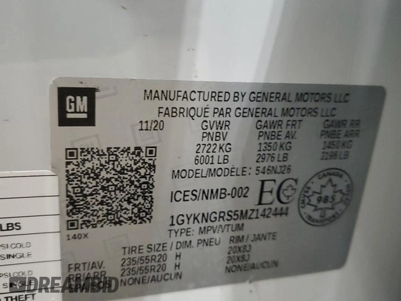 2021 Cadillac XT5 AWD Sport with VIN 1GYKNGRS5MZ142444, listed as a Copart auction lot 54502285 with 27,070 mi miles and Salvage title. Bid and sale history available at DreamBid. Image 14.