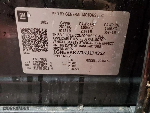 2019 Chevrolet Traverse Premier with VIN 1GNEVKKW3KJ174332, listed as a Copart auction lot 44147545 with 0 mi miles and Salvage Title. Bid and sale history available at carsss.com. Image 13.