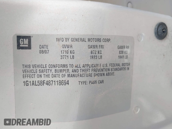 2008 Chevrolet Cobalt LT with VIN 1G1AL58F487118694, listed as a IAAI auction lot 42182786 with 170,653 mi miles and . Bid and sale history available at DreamBid. Image 9.