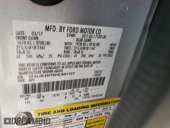 2017 Ford Expedition Max XLT with VIN 1FMJK1HT6HEA61107, listed as a Copart auction lot 43619345 with 168,523 mi miles and Salvage title. Bid and sale history available at DreamBid. Image 14.