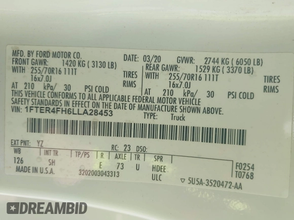 2020 Ford Ranger XL z VIN 1FTER4FH6LLA28453, wystawiony jako IAAI lot #42209983 z przebiegiem 139 613 mil mil oraz . Historia ofert i sprzedaży dostępna na DreamBid. Obrazek 9.