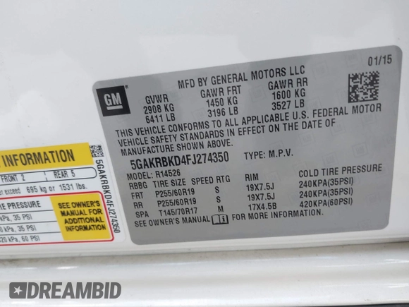 2015 Buick Enclave Leather with VIN 5GAKRBKD4FJ274350, listed as a IAAI auction lot 40986198 with 119,707 mi miles and . Bid and sale history available at DreamBid. Image 9.