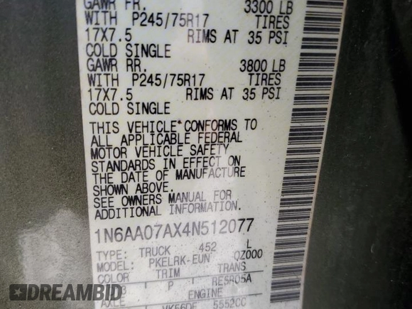 2004 Nissan Titan LE with VIN 1N6AA07AX4N512077, listed as a Copart auction lot 46105645 with 175,412 mi miles and Salvage Title. Bid and sale history available at DreamBid. Image 12.