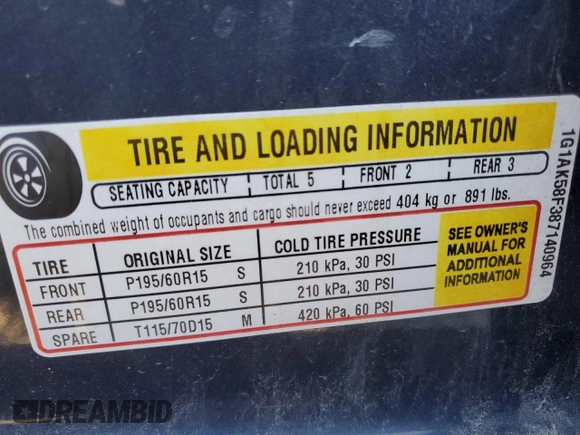 2008 Chevrolet Cobalt LS with VIN 1G1AK58F387140964, listed as a Copart auction lot 52009875 with 210,362 mi miles and Salvage Title. Bid and sale history available at DreamBid. Image 14.