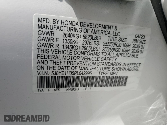 2023 Acura MDX w/A-Spec Package with VIN 5J8YE1H05PL042995, listed as a Copart auction lot 62337905 with 45,893 mi miles and Salvage title. Bid and sale history available at DreamBid. Image 13.