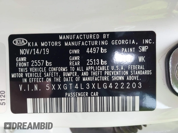 2020 Kia Optima LX z VIN 5XXGT4L3XLG422203, wystawiony jako IAAI lot #42290010 z przebiegiem 38 284 mil mil oraz . Historia ofert i sprzedaży dostępna na DreamBid. Obrazek 9.