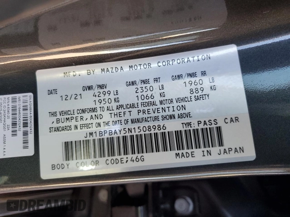 2022 Mazda 3 2.5 Turbo with VIN JM1BPBAY5N1508986, listed as a Copart auction lot 58207155 with 53,601 mi miles and Salvage title. Bid and sale history available at DreamBid. Image 12.