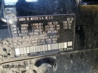 2022 Honda HR-V EX with VIN 3CZRU6H51NM766932, listed as a Copart auction lot 43207645 with 0 mi miles and Salvage Title. Bid and sale history available at carsss.com. Image 16.