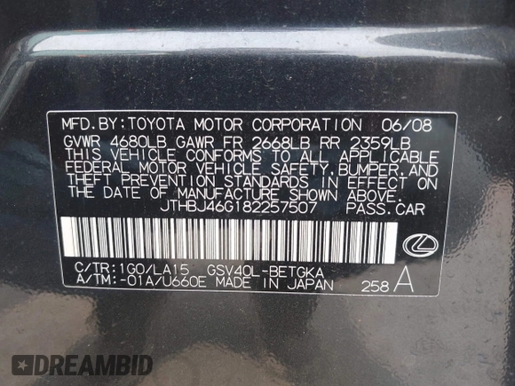 2008 Lexus ES 330 с VIN JTHBJ46G182257507, выставлен на аукционе IAAI как лот 42306689 с пробегом 156 747 миль миль и . История ставок и продаж доступна на DreamBid. Изображение 9.
