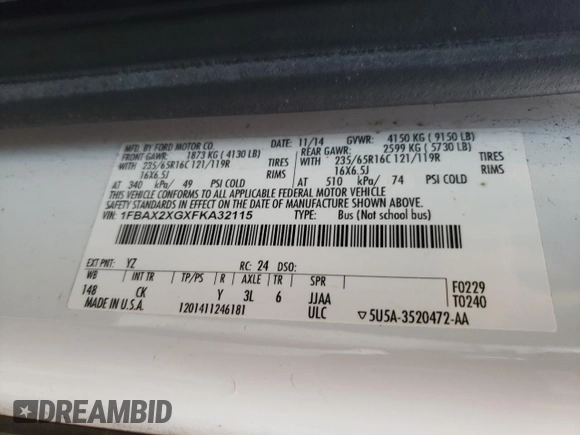 2015 Ford Transit Passenger XL with VIN 1FBAX2XGXFKA32115, listed as a Copart auction lot 87395664 with 123,749 mi miles and Salvage Title. Bid and sale history available at carsss.com. Image 13.