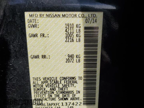 2015 Nissan Altima 2.5 S with VIN 1N4AL3APXFC137422, listed as a Copart auction lot 45250415 with 178,862 mi miles and Salvage Title. Bid and sale history available at carsss.com. Image 14.