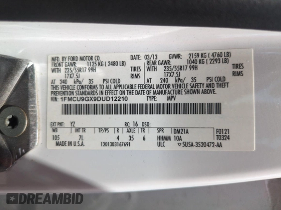 2013 Ford Escape SE with VIN 1FMCU9GX9DUD12210, listed as a Copart auction lot 62496095 with 77,516 mi miles and Salvage title. Bid and sale history available at DreamBid. Image 13.