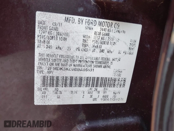 2011 Ford Edge Limited with VIN 2FMDK3KC0BBA95631, listed as a IAAI auction lot 41321070 with 179,987 mi miles. Bid and sale history available at carsss.com. Image 9.