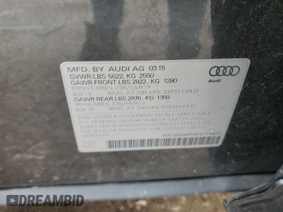 2015 Audi Q5 Prestige with VIN WA1WGAFP4FA119425, listed as a Copart auction lot 62416105 with 100,868 mi miles and Clean title. Bid and sale history available at DreamBid. Image 13.