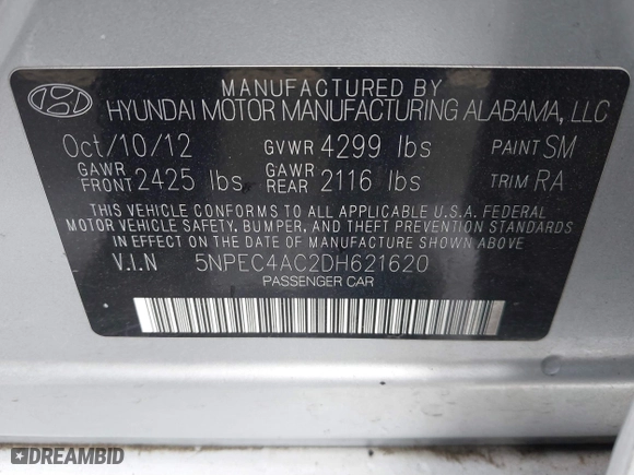 2013 Hyundai Sonata SE with VIN 5NPEC4AC2DH621620, listed as a IAAI auction lot 41803289 with 1 mi miles. Bid and sale history available at carsss.com. Image 9.
