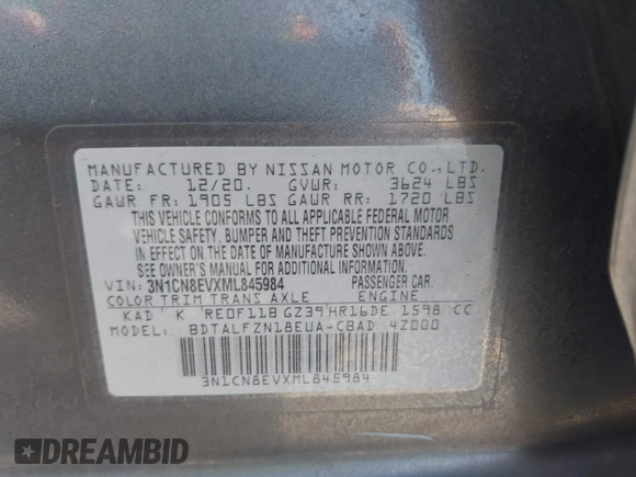 2021 Nissan Versa SV with VIN 3N1CN8EVXML845984, listed as a IAAI auction lot 40382402 with 47,893 mi miles. Bid and sale history available at carsss.com. Image 9.