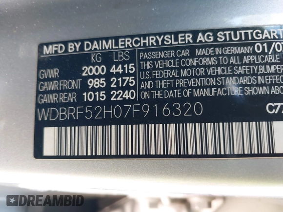 2007 Mercedes-Benz C 230 Sport with VIN WDBRF52H07F916320, listed as a IAAI auction lot 42770939 with 82,671 mi miles and . Bid and sale history available at DreamBid. Image 9.