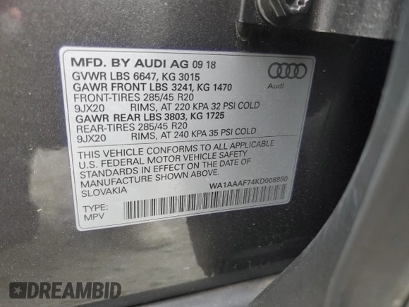 2019 Audi Q7 Premium with VIN WA1AAAF74KD008880, listed as a Copart auction lot 54277445 with 23,476 mi miles and Salvage title. Bid and sale history available at DreamBid. Image 13.