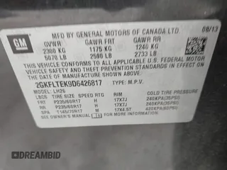 2013 GMC Terrain SLE z VIN 2GKFLTEK9D6426817, wystawiony jako IAAI lot #42753117 z przebiegiem 167 796 mil mil oraz . Historia ofert i sprzedaży dostępna na DreamBid. Obrazek 9.