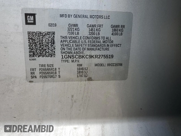 2019 Chevrolet Tahoe LT with VIN 1GNSCBKC9KR275519, listed as a Copart auction lot 59212945 with 189,300 mi miles and Clean title. Bid and sale history available at DreamBid. Image 13.
