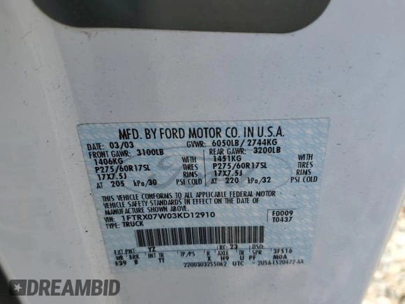 2003 Ford F-150 XL with VIN 1FTRX07W03KD12910, listed as a Copart auction lot 57864555 with Not provided miles and Salvage title. Bid and sale history available at DreamBid. Image 12.