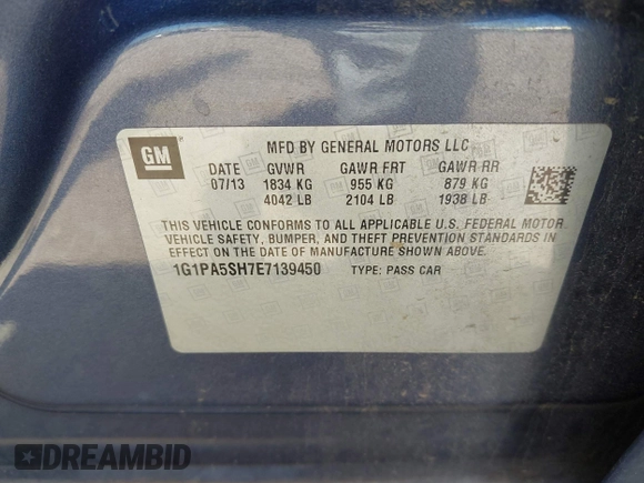 2014 Chevrolet Cruze LS with VIN 1G1PA5SH7E7139450, listed as a IAAI auction lot 42003875 with 172,449 mi miles and . Bid and sale history available at DreamBid. Image 9.