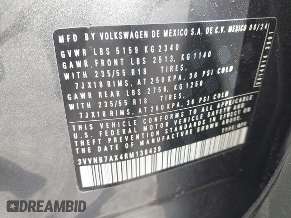 2024 Volkswagen Tiguan SE with VIN 3VVNB7AX4RM138429, listed as a IAAI auction lot 42303215 with Not provided miles and . Bid and sale history available at DreamBid. Image 9.
